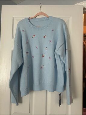 Light Blue Embroidered Crewneck Sweater - Women's